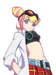 1girl bikini_top blonde_hair double_bun flat_chest gloves goggles labcoat looking_at_viewer lucia_fex midriff multicolored_hair promare two-tone_hair yoko.u 