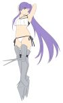  1girl alternate_costume armored_boots arms_behind_head bikini blue_eyes boots breasts commentary_request eyebrows_visible_through_hair fate/grand_order fate_(series) full_body long_hair looking_at_viewer meltryllis navel ponytail purple_hair shiseki_hirame side-tie_bikini simple_background small_breasts solo swimsuit white_background white_bikini 