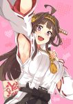  1girl :d ahoge aoi_manabu armpits breasts brown_hair double_bun headgear jewelry kantai_collection kongou_(kantai_collection) large_breasts long_hair looking_at_viewer nontraditional_miko open_mouth pink_background remodel_(kantai_collection) ring smile solo violet_eyes wedding_band yes-no_pillow 