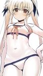  1girl bangs bare_arms bare_shoulders bikini black_ribbon blonde_hair blush breasts brown_eyes closed_mouth cowboy_shot eyebrows_visible_through_hair fate_testarossa front-tie_bikini front-tie_top hair_between_eyes hair_ribbon hand_on_hip highres honami_(yths4221) long_hair looking_at_viewer lyrical_nanoha mahou_shoujo_lyrical_nanoha navel parted_bangs ribbon simple_background small_breasts solo swimsuit twintails very_long_hair white_background 