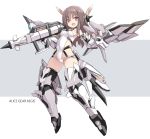  1girl :d alice_gear_aegis alternate_hair_color bangs blush breasts brown_eyes brown_hair commentary_request copyright_name covered_navel eyebrows_visible_through_hair full_body grey_background gun hair_between_eyes headgear highres holding holding_gun holding_weapon karukan_(monjya) leotard long_hair looking_at_viewer mecha_musume medium_breasts open_mouth smile solo two-tone_background weapon white_background white_leotard yotsuya_yumi younger 