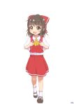  1girl :d adapted_costume arms_up backpack bag bangs black_footwear blush bobby_socks bow brown_eyes brown_hair commentary_request cravat eyebrows_visible_through_hair full_body hair_bow hair_ornament hairclip hakurei_reimu konkitsune_koukou looking_to_the_side mary_janes open_mouth ponytail randoseru red_skirt red_vest shirt shoes short_hair short_sleeves signature simple_background skirt smile socks solo thick_eyebrows touhou upper_teeth vest walking white_background white_legwear white_shirt yellow_neckwear younger 
