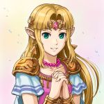  1girl blonde_hair collarbone earrings elf floating_hair gomi green_eyes hands_clasped hylian jewelry long_hair looking_at_viewer necklace nintendo nintendo_ead own_hands_together parted_lips pointy_ears princess_zelda shiny shiny_hair short_sleeves shoulder_armor smile solo super_smash_bros. the_legend_of_zelda the_legend_of_zelda:_a_link_between_worlds the_legend_of_zelda:_a_link_to_the_past the_legend_of_zelda:_link&#039;s_awakening upper_body white_background 