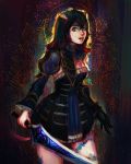  1girl black_hair bloodstained:_ritual_of_the_night blue_eyes breasts brown_hair detached_sleeves gauntlets gradient_hair hair_between_eyes hair_ornament highres horns looking_at_viewer miriam_(bloodstained) mordra multicolored_hair pale_skin short_hair solo stained_glass sword tattoo weapon 