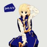  16_ban 1boy androgynous black_eyes blonde_hair blue_footwear closed_mouth commentary_request earrings hunter_x_hunter jewelry kurapika looking_at_viewer male_focus official_style short_hair solo text_focus 