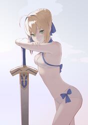  1girl absurdres ahoge artoria_pendragon_(all) artoria_pendragon_(swimsuit_archer) bikini blonde_hair blue_bow blue_ribbon blush bow breasts excalibur eyebrows_visible_through_hair fate/grand_order fate_(series) gaegoni green_eyes hair_between_eyes hair_ribbon highres looking_at_viewer navel ribbon saber shiny shiny_hair short_hair small_breasts swimsuit white_bikini 