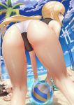  1boy 1girl ahoge artoria_pendragon_(all) artoria_pendragon_(swimsuit_archer) ass beach_volleyball bikini blonde_hair breasts clouds day expressionless eyebrows_visible_through_hair fate/grand_order fate_(series) green_eyes hair_tie highres hollow_eyes looking_afar low_ponytail ocean open_mouth outdoors saber sand sky sweat swimsuit takehisa_tomoe v-shaped_eyebrows volleyball white_bikini 