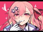  1girl biting blush girls_frontline glove_biting gloves grin hair_ornament hair_ribbon heart hexagram highres jingo letterboxed long_hair looking_at_viewer negev_(girls_frontline) one_side_up pink_background pink_hair red_eyes red_ribbon ribbon shirt sidelocks sketch smile solo star_of_david teeth uniform upper_body white_gloves white_shirt 