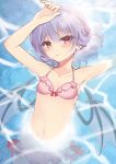  1girl arm_up armpits bangs bat_wings beni_kurage bikini blush collarbone commentary eyebrows_visible_through_hair flat_chest hair_between_eyes halterneck highres lavender_hair looking_at_viewer lying navel no_hat no_headwear on_back partially_submerged pink_bikini red_eyes remilia_scarlet short_hair solo stomach swimsuit symbol_commentary touhou water wings 