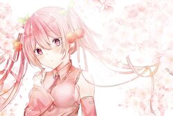  1girl absurdres bare_shoulders blush breasts cherry_blossoms chestnut_mouth detached_sleeves hair_between_eyes hatsune_miku highres medium_breasts necktie pink_hair sakura_miku sideboob solo twintails vest vocaloid wide_sleeves zaza_(zazam_s) 