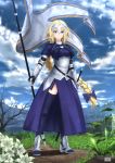  1girl absurdres armor bare_tree blonde_hair blue_bow blue_sky bow chain clouds dirt_road expressionless fate/apocrypha fate_(series) fleur_de_lis flower flower_request grass headphones highres jeanne_d&#039;arc_(fate) jeanne_d&#039;arc_(fate)_(all) long_braid ruins satyarizqy sky solo standard_bearer sword thigh-highs thighs tree violet_eyes weapon 