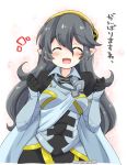 1girl alternate_color armor black_hair cape closed_eyes eromame female_my_unit_(fire_emblem_if) fire_emblem fire_emblem_if hairband long_hair my_unit_(fire_emblem_if) nintendo open_mouth pointy_ears simple_background solo twitter_username upper_body white_background