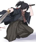  1boy bangs black_hair brown_scarf character_request commentary_request eyebrows_visible_through_hair fate/grand_order fate_(series) grin hair_over_one_eye holding holding_sword holding_weapon katana long_sleeves looking_at_viewer male_focus orange_eyes ponytail scarf shiseki_hirame smile solo sword weapon 