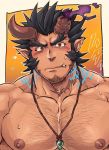 1boy bara beard black_hair blush chest facial_hair fang gesusuzume horns jewelry looking_at_viewer male_focus muscle necklace nipples pectorals red_eyes scar simple_background solo sweatdrop takemaru_(tokyo_houkago_summoners) teeth tokyo_houkago_summoners 