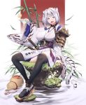  1girl animal_ears black_hair black_legwear blue_eyes blush bowl breasts bug butterfly eyebrows_visible_through_hair highres holding holding_bowl insect katana large_breasts long_sleeves looking_at_viewer open_mouth original sheath sheathed short_hair sigma_2018 silver_hair sitting smile solo sword tail thigh-highs tiger_ears tiger_tail translated weapon 