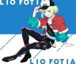  bangs belt casual character_name earrings hat highres jacket jewelry lio_fotia long_sleeves looking_at_viewer male_focus open_mouth pants promare rew241 shirt smile violet_eyes 
