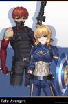  1boy 1girl absurdres ahoge armor artoria_pendragon_(all) assault_rifle avengers belt blonde_hair brilliant_naraku captain_america captain_america_(cosplay) cosplay costume_request emiya_shirou eyebrows_visible_through_hair face_mask fate/grand_order fate/stay_night fate_(series) finger_on_trigger fingerless_gloves gloves green_eyes gun highres looking_at_viewer looking_to_the_side mask orange_eyes redhead reverse_grip rifle saber shield weapon 