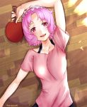  1girl :d aona_(kuuga19yuu) arm_up collarbone eyebrows_visible_through_hair from_above headdress holding_paddle looking_at_viewer lying on_back oomune_mune open_mouth paddle pink_hair pink_shirt red_eyes shakunetsu_no_takkyuu_musume shirt short_hair short_sleeves smile solo sweat table_tennis_paddle twitter_username upper_body 