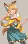  1girl ;d animal_ears aqua_(popogori) aqua_shirt blonde_hair braid collarbone contrapposto cowboy_shot daisy flower fox_ears fox_tail granblue_fantasy grey_background grey_legwear hair_flower hair_ornament head_tilt looking_at_viewer miniskirt neckerchief one_eye_closed open_mouth pantyhose pleated_skirt red_neckwear sailor_collar shirt short_hair short_sleeves simple_background skirt smile solo standing tail vajra_(granblue_fantasy) white_flower white_sailor_collar yellow_eyes 