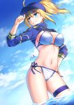  1girl ahoge artoria_pendragon_(all) bangs baseball_cap bikini blonde_hair blue_eyes blue_headwear blue_sky breasts clouds cloudy_sky commentary_request contrapposto day dutch_angle eyebrows_visible_through_hair fate/grand_order fate_(series) gogatsu_fukuin grin groin hair_between_eyes hair_through_headwear hand_on_headwear hand_on_hip hand_up hat high_ponytail highres large_breasts long_sleeves looking_away looking_to_the_side mysterious_heroine_x navel outdoors ponytail shrug_(clothing) side-tie_bikini sidelocks signature skindentation sky smile solo swimsuit thigh_strap v-shaped_eyebrows wading water wet white_bikini 