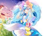  1girl arms_up bangs blue_eyes blue_hair bracelet closed_mouth cowboy_shot cure_ange dress earrings eyebrows_visible_through_hair flower highres hugtto!_precure jewelry layered_dress long_hair long_sleeves looking_at_viewer precure see-through shiny shiny_hair short_dress smile solo standing very_long_hair white_dress white_flower yakushiji_saaya yellow_flower yuutarou_(fukiiincho) 