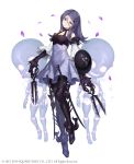  1girl absurdres armored_boots bare_shoulders boots claws detached_sleeves doll doll_joints drag-on_dragoon drag-on_dragoon_3 dress facial_mark forehead_mark full_body hair_between_eyes hair_ornament hairclip head_tilt highres ji_no looking_at_viewer official_art petals purple_hair scissors shield sinoalice solo square_enix sword three_(drag-on_dragoon) violet_eyes weapon white_background 