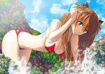  1girl all_fours bikini blue_eyes blue_sky breasts clouds commentary_request covered_nipples day hair_ornament long_hair looking_at_viewer medium_breasts neon_genesis_evangelion orange_hair outdoors red_bikini rock shikinami_asuka_langley sky smile solo souryuu_asuka_langley swimsuit two_side_up yamayoshi 
