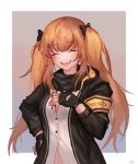  1girl 404_(girls_frontline) absurdres armband black_jacket brown_hair closed_eyes colorized eonsang eyes girls_frontline gloves hair_ornament hair_ribbon hairclip highres jacket navel open_mouth ribbon scar scar_across_eye scarf shirt simple_background smile twintails ump9_(girls_frontline) white_shirt 