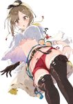  1girl atelier_(series) atelier_ryza belt black_gloves blush breasts brown_eyes brown_hair brown_legwear cowboy_shot from_below gloves hair_ornament hairclip highres looking_at_viewer midriff navel parted_lips red_shorts reisalin_stout satokoh9112ushi shiny shiny_skin shirt short_hair short_shorts shorts simple_background single_glove solo standing thigh-highs thighs under_boob upshirt white_background white_shirt 