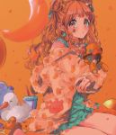  1girl blush brown_eyes brown_hair cup disposable_cup double_bun drinking_straw eyebrows_visible_through_hair hair_ornament hairclip highres idolmaster idolmaster_cinderella_girls long_hair long_sleeves looking_at_viewer moroboshi_kirari najuco_(naju0517) parted_lips sitting sleeves_past_wrists solo wariza 