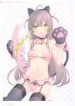  1girl 6u_(eternal_land) absurdres ahoge animal_ears bell bell_choker black_legwear bow bra breasts brown_hair cat_ears cat_paws cat_tail choker collarbone fake_animal_ears garter_belt hairband highres medium_breasts navel original page_number panties paws pink_bow pink_bra pink_panties scan solo tail tail_bow thigh-highs under_boob underwear yellow_eyes 