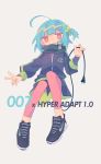  1girl :d ahoge blue_hair bright_pupils daizu_(melon-lemon) diamond-shaped_pupils english_text full_body grey_background hair_ornament hands_up highres jitome long_sleeves looking_at_viewer microphone no_nose open_mouth original pink_eyes scarf shoes short_hair simple_background smile sneakers symbol-shaped_pupils v 