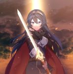  1girl angry belt blue_eyes blue_hair cape commentary falchion_(fire_emblem) fingerless_gloves fire_emblem fire_emblem:_kakusei gloves glowing glowing_sword glowing_weapon holding holding_sword holding_weapon intelligent_systems light_particles long_hair looking lucina nintendo ryon_(ryonhei) shoulder_armor super_smash_bros. sword tiara weapon wrist_cuffs 