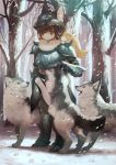  1girl animal_helmet armor artist_name bare_tree blonde_hair breastplate brown_eyes commentary_request day faulds forest full_body fur_collar gauntlets greaves hair_blowing helmet highres light_smile long_hair looking_at_viewer manino_(mofuritaionaka) nature original outdoors paw_print petting ponytail shoulder_armor snow snowing solo spaulders standing tree vambraces wind wolf 