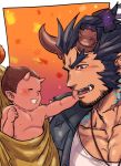  1boy baby beard black_hair blush chest facial_hair fang gesusuzume hand_on_another&#039;s_cheek hand_on_another&#039;s_face horns jewelry male_focus muscle necklace pectorals simple_background smile takemaru_(tokyo_houkago_summoners) tank_top teeth tokyo_houkago_summoners 