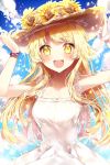  1girl :d arms_up bang_dream! bangs bare_shoulders blonde_hair blue_sky blush breasts brown_headwear clouds cloudy_sky collarbone day dress eyebrows_visible_through_hair flower hands_on_headwear hat hat_flower highres long_hair looking_at_viewer medium_breasts open_mouth outdoors sky sleeveless sleeveless_dress smile solo straw_hat sunflower taya_5323203 tsurumaki_kokoro upper_body very_long_hair white_dress yellow_eyes yellow_flower 
