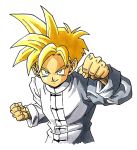  1boy aqua_eyes blonde_hair chinese_clothes clenched_hands commentary dragon_ball dragon_ball_z fighting_stance fingernails happy highres lee_(dragon_garou) long_sleeves looking_at_viewer male_focus shaded_face shirt simple_background smile son_gohan spiky_hair super_saiyan upper_body white_background white_shirt 