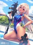  1girl :d arms_note blue_sky breasts brown_hair building clouds commentary_request competition_swimsuit fang fukai_ryousuke goggles gun handgun highres holster holstered_weapon leg_holster long_hair one-piece_swimsuit open_mouth pistol poolside sky smile solo submachine_gun swimsuit wall weapon yellow_eyes 