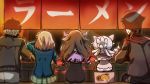  3boys 3girls black_dress black_hair black_sweater blue_jacket blurry brown_hair commentary demon_horns depth_of_field dress flower food food_stand fork from_behind fujita_758634 fushimi_gaku grey_hair hair_flower hair_ornament hat highres holding holding_fork honma_himawari horns jacket kuzuha_(nijisanji) long_sleeves maimoto_keisuke multiple_boys multiple_girls nijisanji noodles on_box panties pink_shirt plaid plaid_skirt pointy_ears ramen school_uniform shirt short_hair sitting sketch skirt sunflower_hair_ornament sweater underwear ushimi_ichigo virtual_youtuber white_panties yamiyono_moruru 