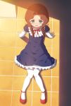  1girl angry blue_dress blue_eyes braid brown_hair commentary_request dress long_hair looking_at_viewer mon0351 open_mouth original pantyhose sitting solo sunlight twin_braids white_legwear 