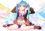  +_+ 1girl bai_yemeng bangs belt black_footwear black_jacket blue_hair blue_nails blush breasts bunching_hair chestnut_mouth clothes_writing collarbone commentary_request copyright_name eyebrows_visible_through_hair facial_mark fingernails full_body hair_between_eyes hands_up hatsune_miku highres jacket long_hair long_sleeves nail_polish open_clothes open_jacket parted_lips pink_nails purple_shirt purple_shorts red_eyes shirt shoes short_shorts shorts sitting small_breasts socks solo star twintails very_long_hair vocaloid wariza white_belt white_legwear 