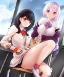  2girls absurdres ass bangs black_hair black_legwear black_skirt blue_eyes blush bow breasts cardigan cellphone chair classroom collared_shirt desk dress_shirt earphones earphones hand_in_pocket highres huge_filesize jacket kaijuu large_breasts lavender_hair leaning_forward legs long_hair long_sleeves looking_at_viewer microskirt miniskirt multiple_girls off_shoulder orange_scrunchie paid_reward pantyhose patreon_reward phone pleated_skirt purple_bow purple_jacket red_bow red_legwear rei_kun school_chair school_desk school_uniform scrunchie sharing shinjou_akane shirt shoes short_hair sitting skirt sleeves_past_wrists smartphone smile ssss.gridman takarada_rikka thighs uwabaki violet_eyes white_footwear white_shirt window wrist_scrunchie 