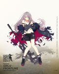 1girl bangs bare_shoulders black_footwear black_gloves black_shorts blush boots breasts character_name coat cross-laced_footwear earphones feather-trimmed_coat floating_hair full_body girls_frontline gloves goggles goggles_around_neck grey_coat grey_hair grey_tank_top gun highres lace-up_boots logo long_hair looking_away medium_breasts multicolored_hair multiple_straps navel off_shoulder official_art open_clothes open_coat purple_hair rifle scope shorts sidelocks single_glove sniper_rifle sola7764 solo stomach streaked_hair t-cms_(girls_frontline) tank_top tinted_eyewear torn_clothes truvelo_cms very_long_hair violet_eyes weapon wristband 