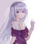  1girl bare_shoulders blush breasts commentary_request eyebrows_visible_through_hair frown gloves grey_eyes highres long_hair looking_at_viewer medium_breasts nagisa_(cxcx5235) off-shoulder_shirt off_shoulder original shirt solo white_gloves white_hair white_shirt 