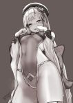  1girl bangs bare_shoulders beret blunt_bangs blush braid breasts covered_navel detached_sleeves erune eyeliner granblue_fantasy grey_background greyscale hands_up hat highleg highleg_leotard highres leotard long_hair looking_at_viewer makeup monochrome nosuku open_mouth paw_pose pholia short_eyebrows simple_background small_breasts smile solo thighs very_long_hair wide_sleeves 