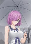  1girl absurdres fate/grand_order fate_(series) hair_over_one_eye highres looking_at_viewer mash_kyrielight purple_hair rain satyarizqy short_hair smile solo umbrella upper_body violet_eyes 
