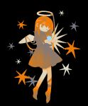  1girl angel_wings barefoot black_background borrowed_character bright_pupils daizu_(melon-lemon) dress expressionless floating full_body halo hands_up head_tilt highres juliet_sleeves long_sleeves looking_away no_nose one_eye_closed original puffy_sleeves simple_background solo star tareme wings 