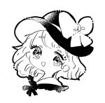  1girl black_bow black_bowtie black_headwear bow bowtie commentary_request cropped_shoulders eyelashes flower_in_mouth frilled_shirt_collar frills hat hat_bow highres komeiji_koishi looking_at_viewer monochrome open_mouth short_hair simple_background smile solo suzune_hapinesu touhou white_background 