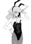  animal_ears black_leotard blush bunnysuit cravat crossdressinging detached_collar fake_animal_ears highres holding holding_sign leotard lio_fotia otoko_no_ko promare rabbit_ears short_hair sign strapless strapless_leotard suisogenshi wrist_cuffs 