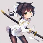  1girl agung_syaeful_anwar animal_ears azur_lane bangs blush bow brown_eyes brown_hair brown_legwear commentary eyebrows_visible_through_hair gloves grey_background hair_bow half_gloves high_ponytail highres holding holding_sheath jacket katana leaning_forward long_hair long_sleeves looking_at_viewer military_jacket pantyhose parted_lips pleated_skirt ponytail sheath sheathed sidelocks simple_background skirt solo sword takao_(azur_lane) thighband_pantyhose v-shaped_eyebrows weapon white_bow white_gloves white_jacket white_skirt younger 